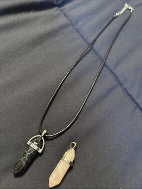 Double Crystal Point Pendant Necklace - Black & Rose Quartz